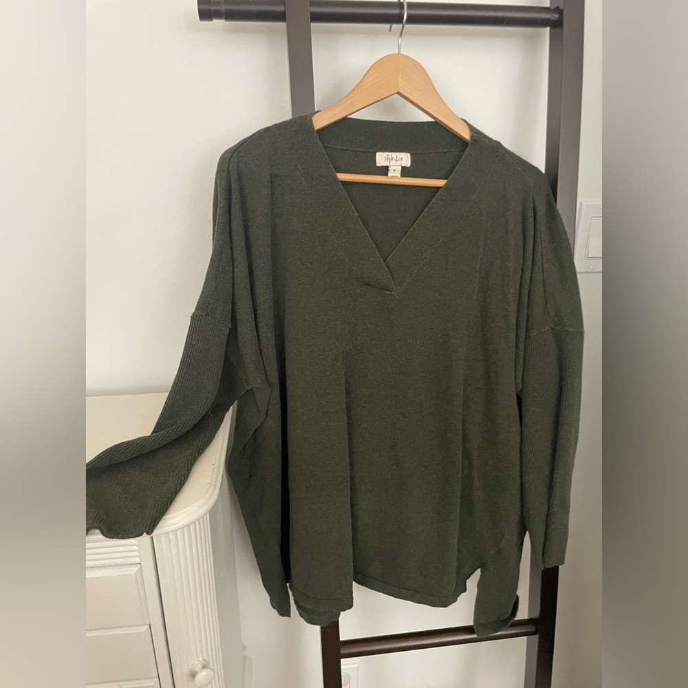 Olive Green style & co V-Neck Sweater. Size 3X. Drop sleeve and loose fit.